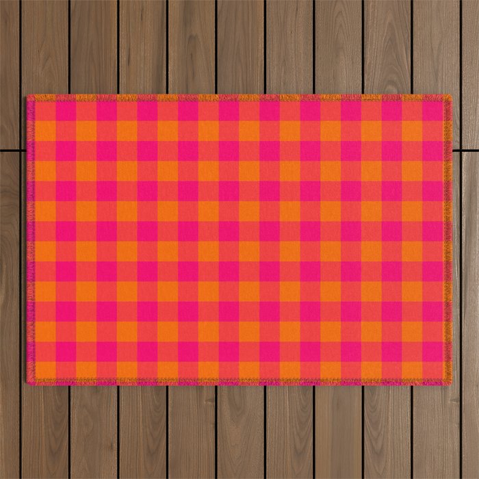 Modern Bright Pink and Orange Gingham Outdoor Rug Gallery Image 1