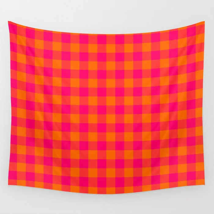 Modern Bright Pink and Orange Gingham Wall Tapestry Gallery Image 1