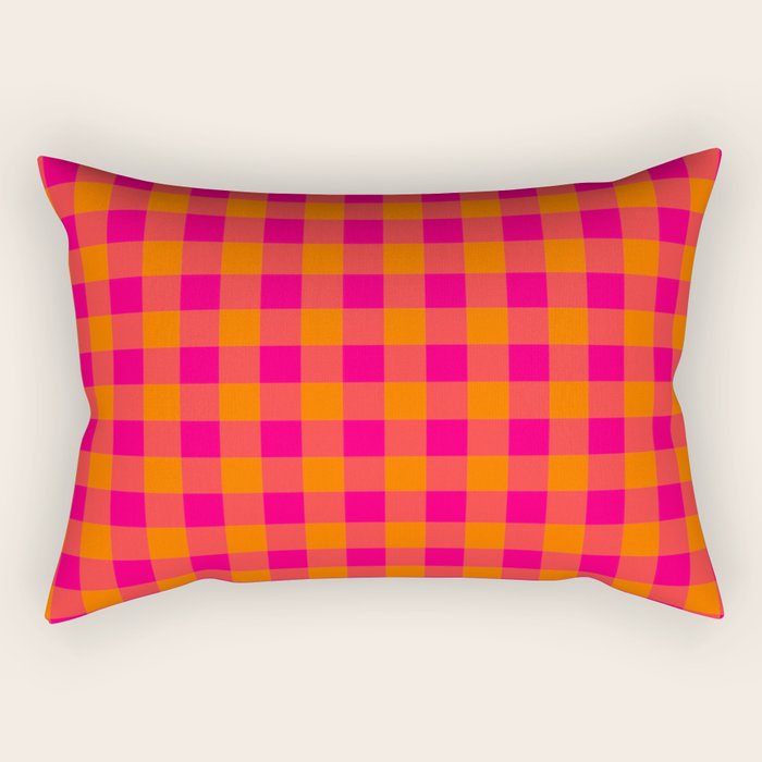 Modern Bright Pink and Orange Gingham Rectangular Pillow Gallery Image 1