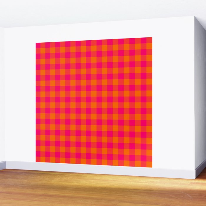 Modern Bright Pink and Orange Gingham Wall Mural Gallery Image 2