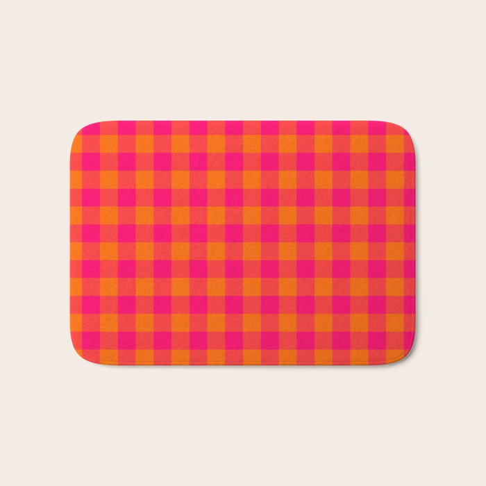 Modern Bright Pink and Orange Gingham Bath Mat Gallery Image 1