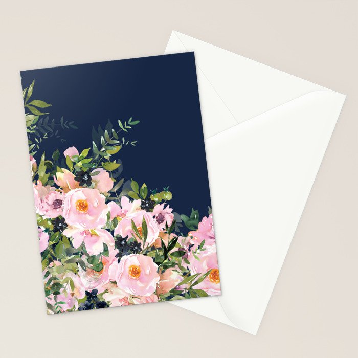 Boho, Floral Watercolor, Roses, Navy Blue and Pink Stationery Card Gallery Image 2