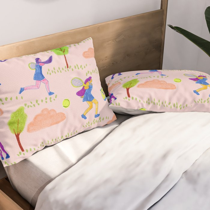 Let's Play Tennis in Peachy Pink Pillow Sham Gallery Image 2
