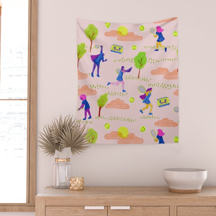 Let's Play Tennis in Peachy Pink Wall Tapestry Gallery Image 2