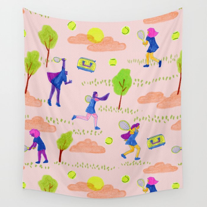 Let's Play Tennis in Peachy Pink Wall Tapestry Gallery Image 4