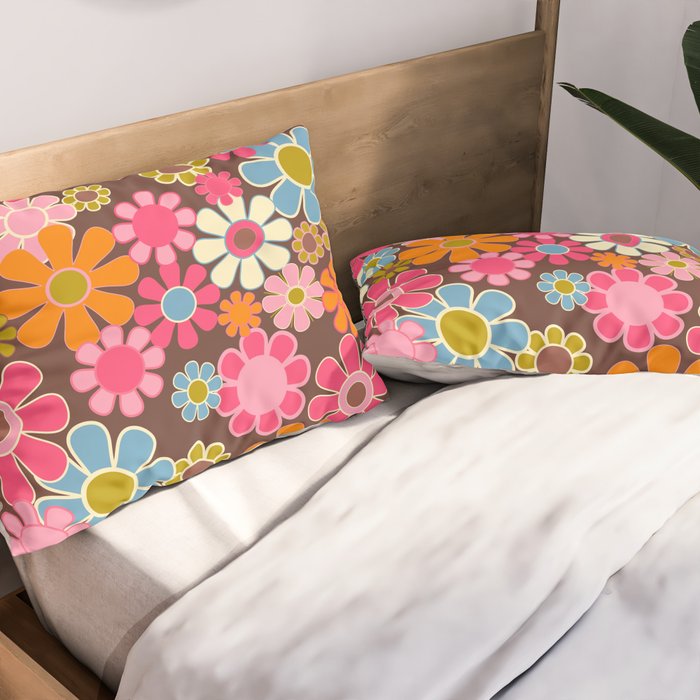 Groovy Retro Garden 60s 70s Multicolored Pink Floral Pattern on Brown Pillow Sham Gallery Image 2
