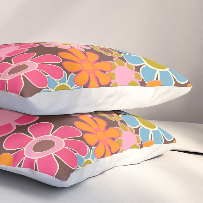 Groovy Retro Garden 60s 70s Multicolored Pink Floral Pattern on Brown Pillow Sham Gallery Image 3