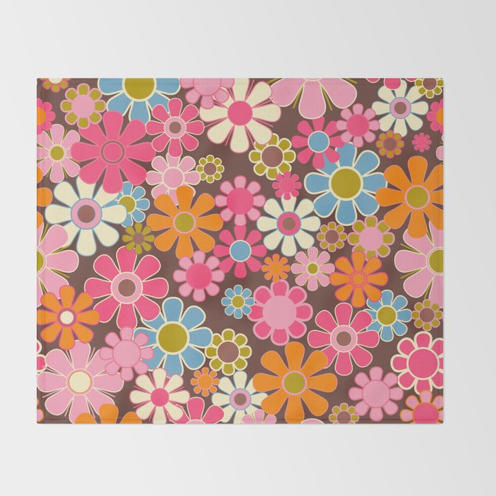 Groovy Retro Garden 60s 70s Multicolored Pink Floral Pattern on Brown Throw Blanket Gallery Image 2