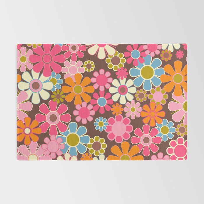 Groovy Retro Garden 60s 70s Multicolored Pink Floral Pattern on Brown Rug Gallery Image 2