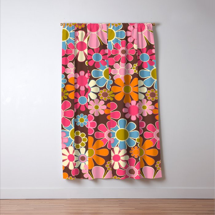 Groovy Retro Garden 60s 70s Multicolored Pink Floral Pattern on Brown Window Curtain Gallery Image 3