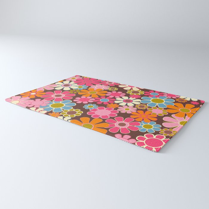 Groovy Retro Garden 60s 70s Multicolored Pink Floral Pattern on Brown Rug Gallery Image 3
