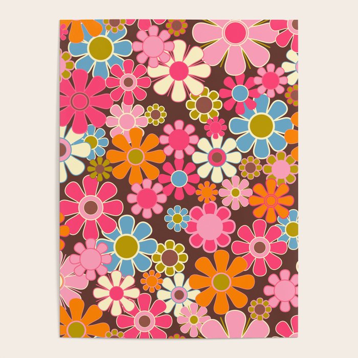 Groovy Retro Garden 60s 70s Multicolored Pink Floral Pattern on Brown Poster Gallery Image 4