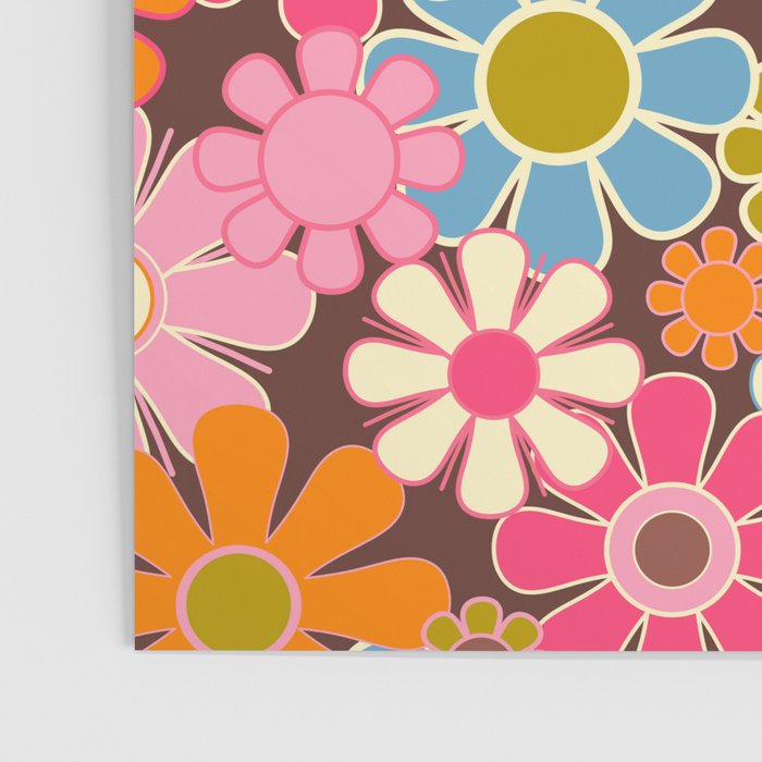 Groovy Retro Garden 60s 70s Multicolored Pink Floral Pattern on Brown Poster Gallery Image 3