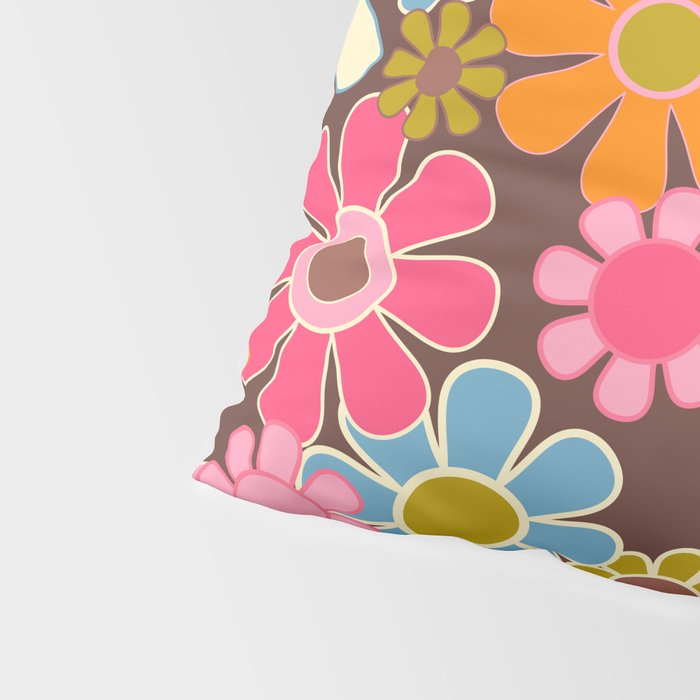 Groovy Retro Garden 60s 70s Multicolored Pink Floral Pattern on Brown Pillow Sham Gallery Image 4
