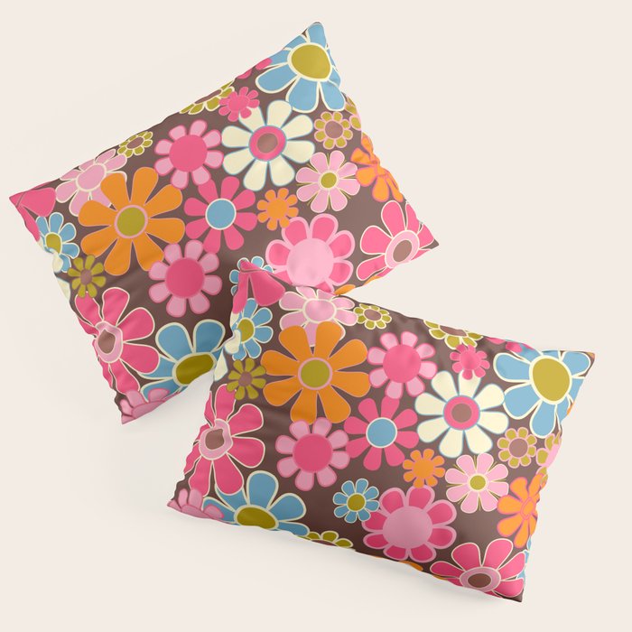 Groovy Retro Garden 60s 70s Multicolored Pink Floral Pattern on Brown Pillow Sham Gallery Image 3