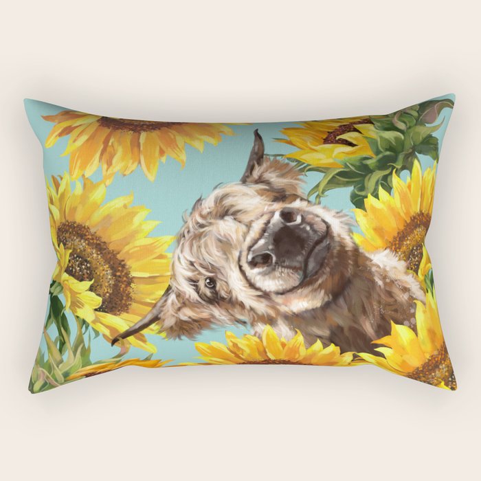 Highland Cow with Sunflowers in Blue Rectangular Pillow Gallery Image 1