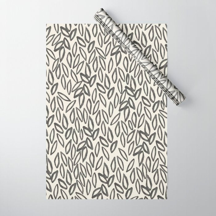 Organic Leaves Abstract Pattern in Charcoal Gray and Cream Wrapping Paper Gallery Image 1