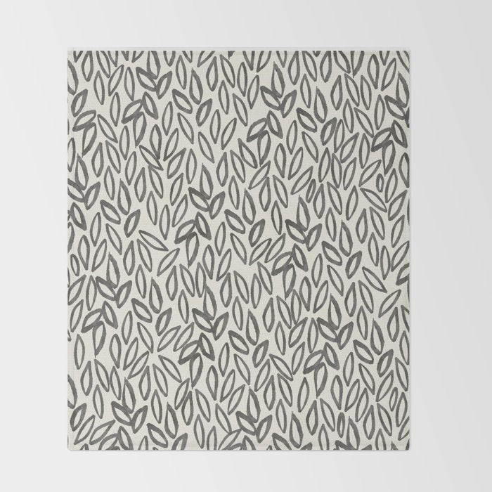Organic Leaves Abstract Pattern in Charcoal Gray and Cream Throw Blanket Gallery Image 2