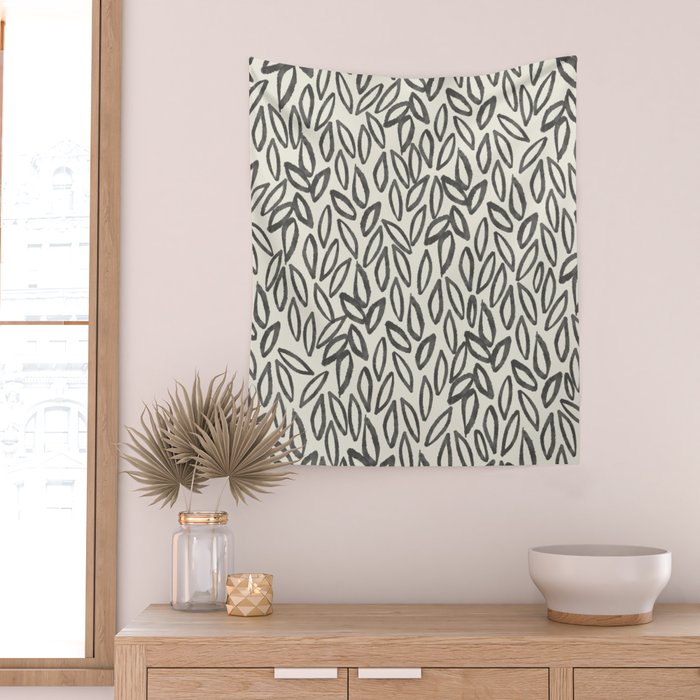 Organic Leaves Abstract Pattern in Charcoal Gray and Cream Wall Tapestry Gallery Image 2