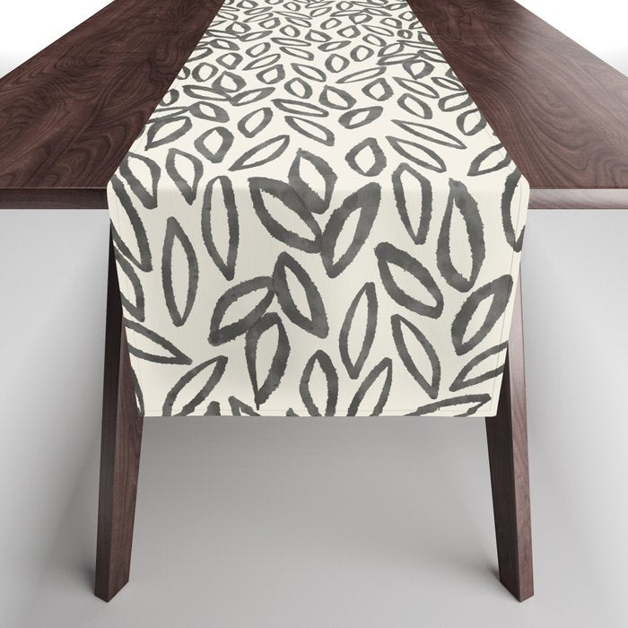 Organic Leaves Abstract Pattern in Charcoal Gray and Cream Table Runner Gallery Image 1