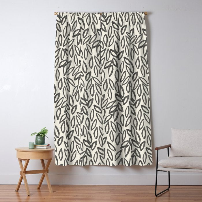 Organic Leaves Abstract Pattern in Charcoal Gray and Cream Window Curtain Gallery Image 1