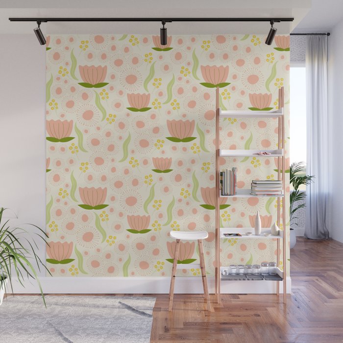 Peach pink flowers pattern Wall Mural Gallery Image 1