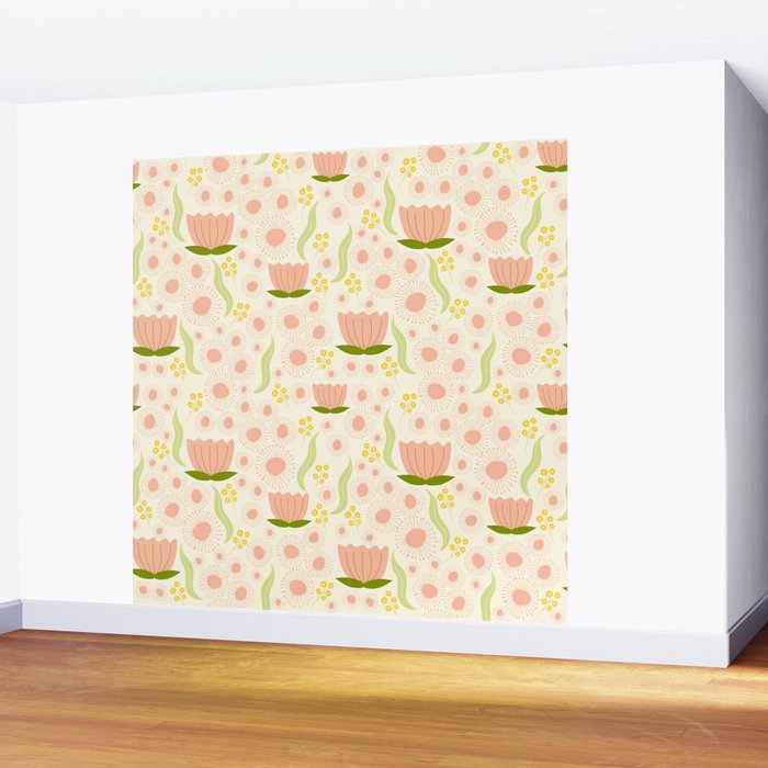 Peach pink flowers pattern Wall Mural Gallery Image 2