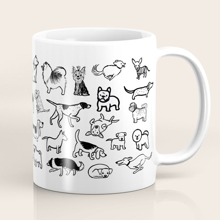 Black and White Dog Drawings | Cute Dog Breeds Pattern Coffee Mug Gallery Image 1