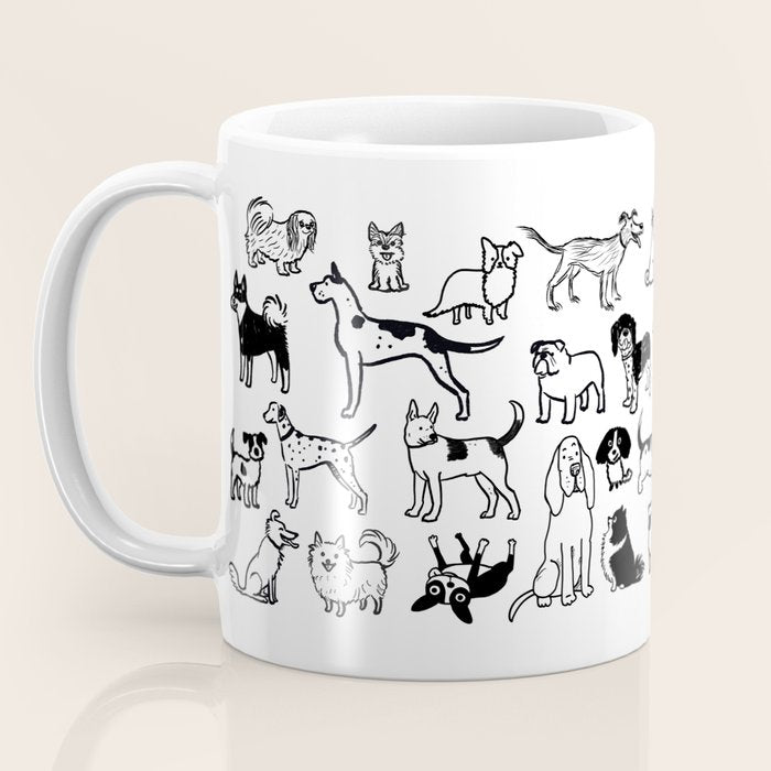 Black and White Dog Drawings | Cute Dog Breeds Pattern Coffee Mug Gallery Image 3