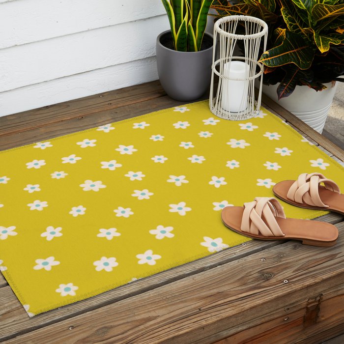 Small Daisies - Yellow, White and Turquoise Outdoor Rug Gallery Image 2