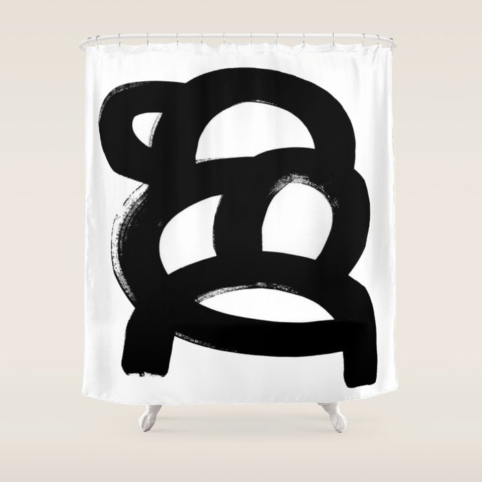 Black & White Minimalist Abstract Mid century Ink Art Dark Brush Strokes Shower Curtain Gallery Image 1