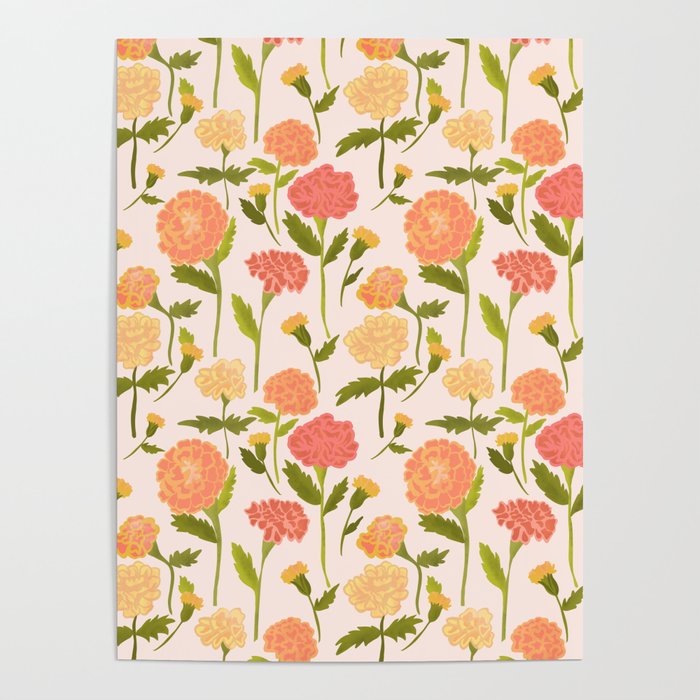 Marigold Dream / Warm Flower Pattern Poster Gallery Image 1