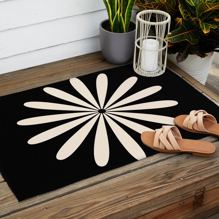 Big Daisy Retro Minimalist Flower Black and Almond Cream Outdoor Rug Gallery Image 2