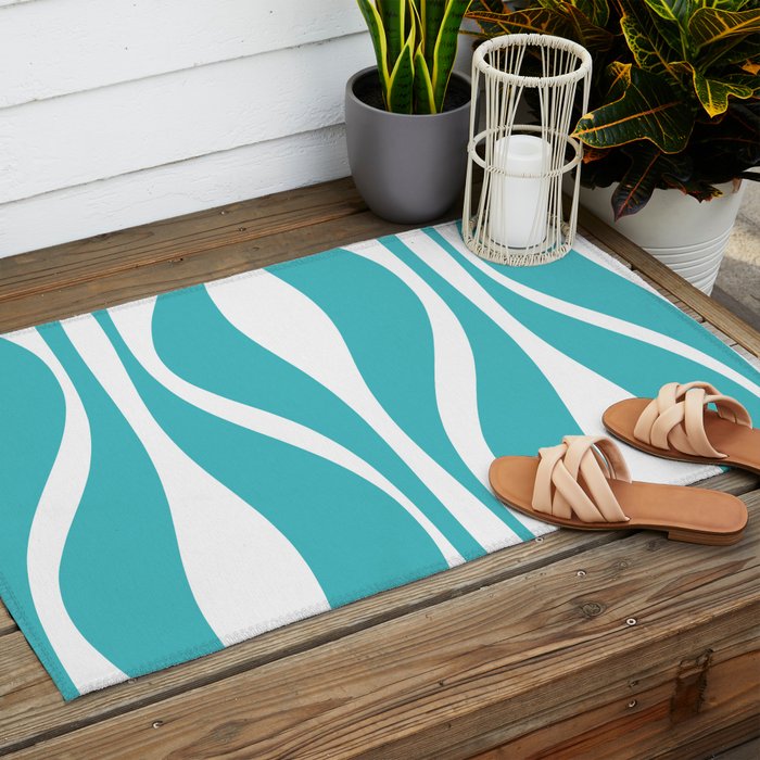 Mid Century Modern Abstract Lounge Pattern in Turquoise Outdoor Rug Gallery Image 2