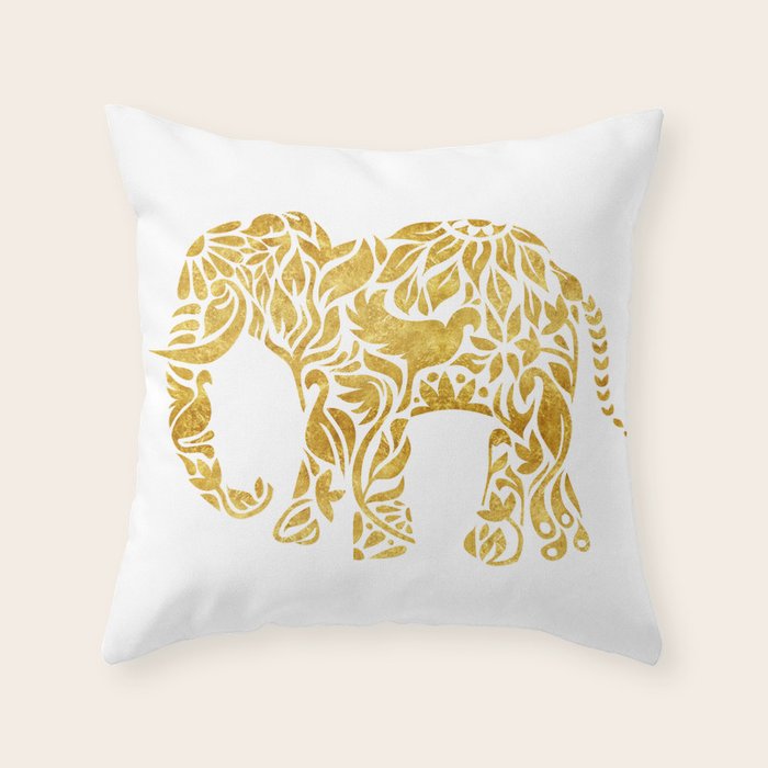 Floral Elephant in Gold Throw Pillow Gallery Image 6
