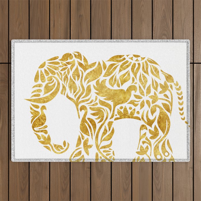 Floral Elephant in Gold Outdoor Rug Gallery Image 1