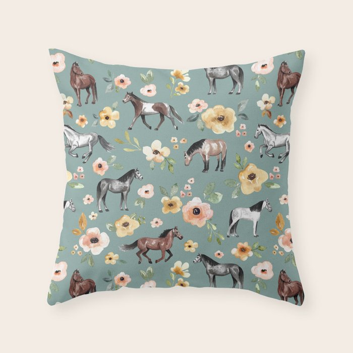Horses and Sunrise Blue Floral, Horse Love, Wild Horses, Yellow and Pink Flowers Throw Pillow Gallery Image 6