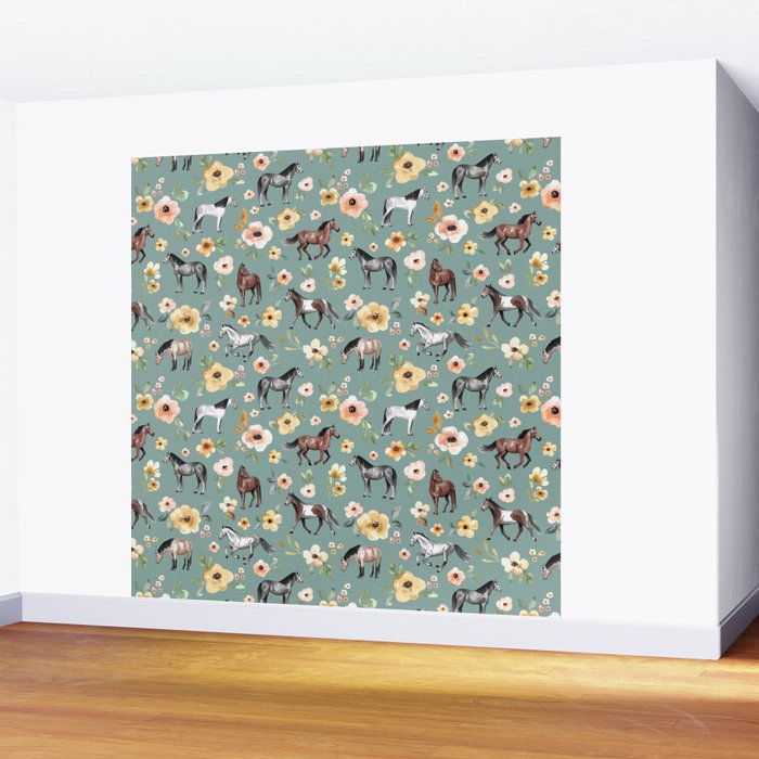 Horses and Sunrise Blue Floral, Horse Love, Wild Horses, Yellow and Pink Flowers Wall Mural Gallery Image 2