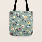 Horses and Sunrise Blue Floral, Horse Love, Wild Horses, Yellow and Pink Flowers Tote Bag Gallery Image 1