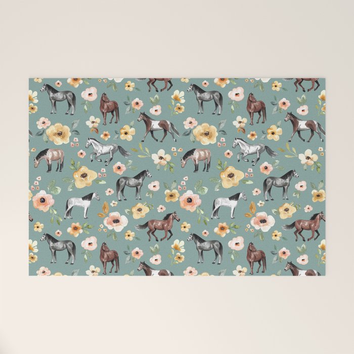 Horses and Sunrise Blue Floral, Horse Love, Wild Horses, Yellow and Pink Flowers Welcome Mat Gallery Image 1