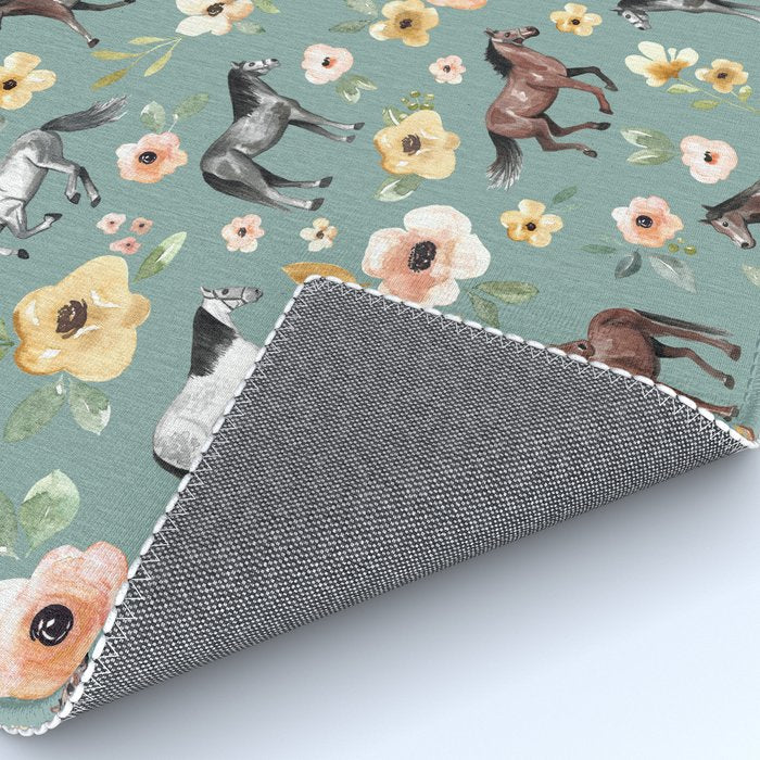 Horses and Sunrise Blue Floral, Horse Love, Wild Horses, Yellow and Pink Flowers Rug Gallery Image 4