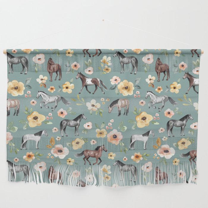 Horses and Sunrise Blue Floral, Horse Love, Wild Horses, Yellow and Pink Flowers Wall Hanging Gallery Image 1