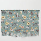 Horses and Sunrise Blue Floral, Horse Love, Wild Horses, Yellow and Pink Flowers Wall Hanging Gallery Image 1
