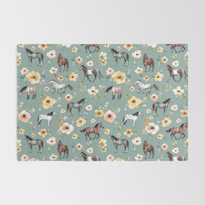 Horses and Sunrise Blue Floral, Horse Love, Wild Horses, Yellow and Pink Flowers Rug Gallery Image 2
