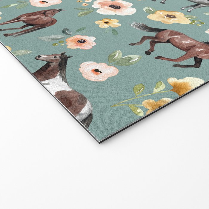 Horses and Sunrise Blue Floral, Horse Love, Wild Horses, Yellow and Pink Flowers Welcome Mat Gallery Image 2