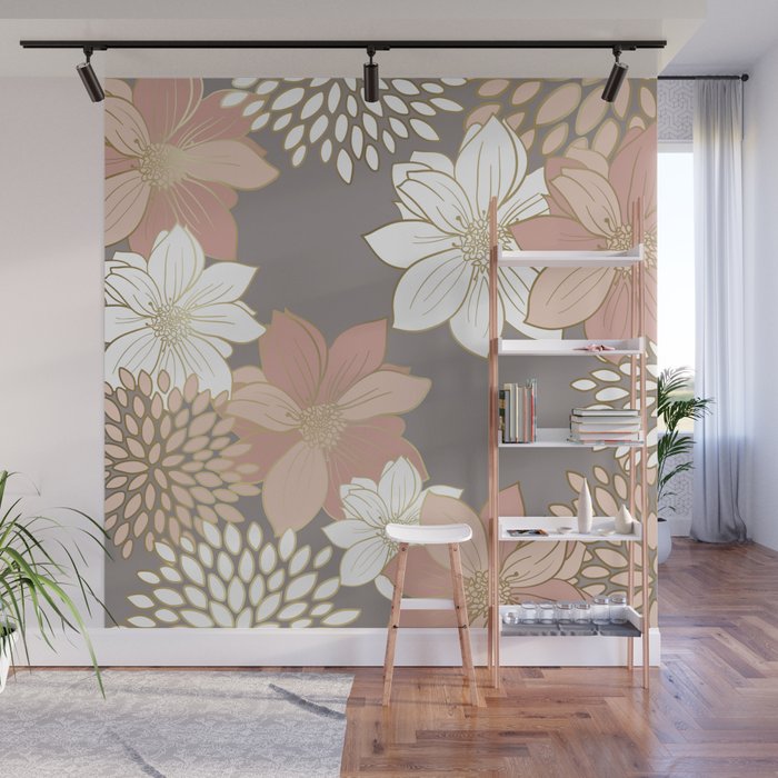 Pink and Gold Floral Garden on Gray Wall Mural Gallery Image 1