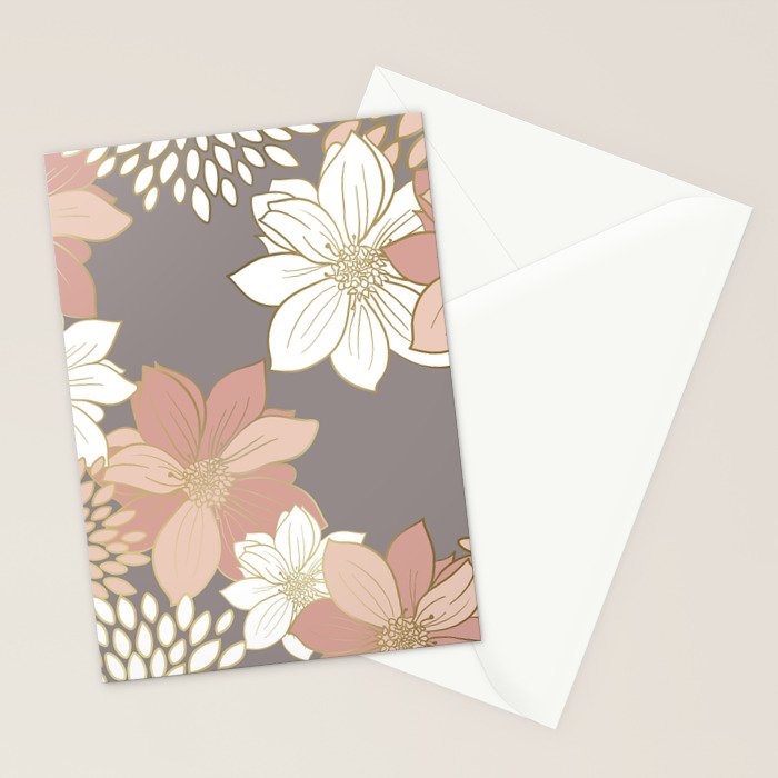 Pink and Gold Floral Garden on Gray Stationery Card Gallery Image 2