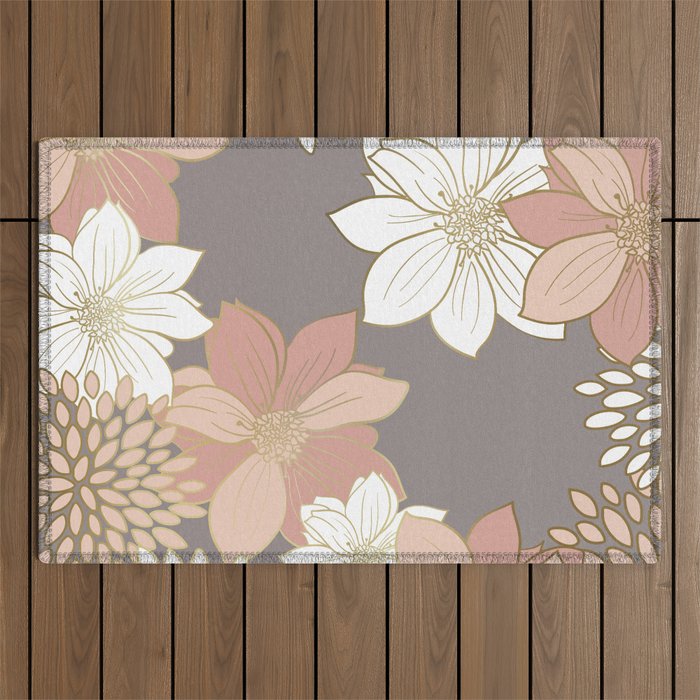 Pink and Gold Floral Garden on Gray Outdoor Rug Gallery Image 1