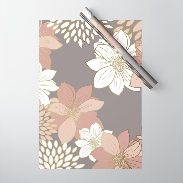 Pink and Gold Floral Garden on Gray Wrapping Paper Gallery Image 1