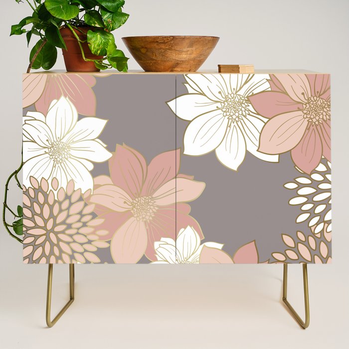 Pink and Gold Floral Garden on Gray Credenza Gallery Image 1